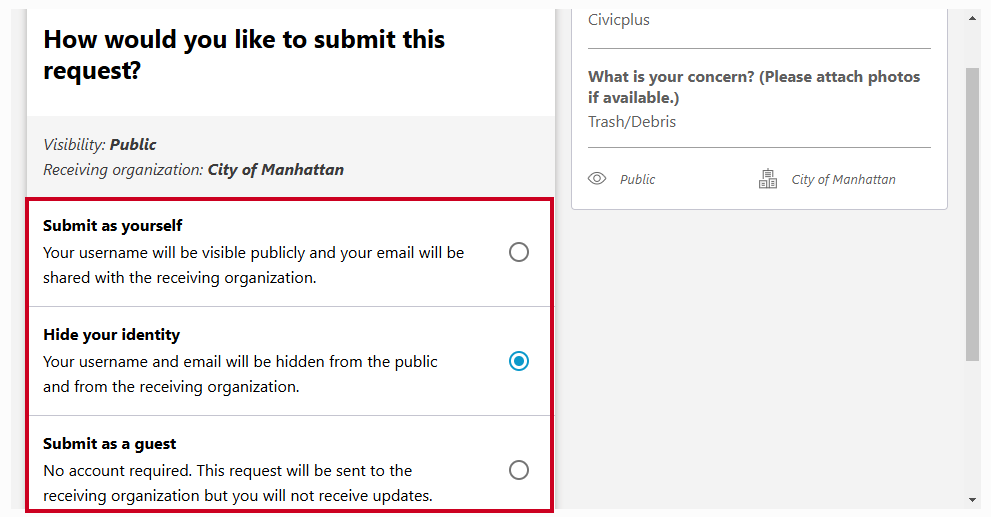 The How would you like to submit this request screen, with the Hide your identity option selected so your username and email stay hidden from the public