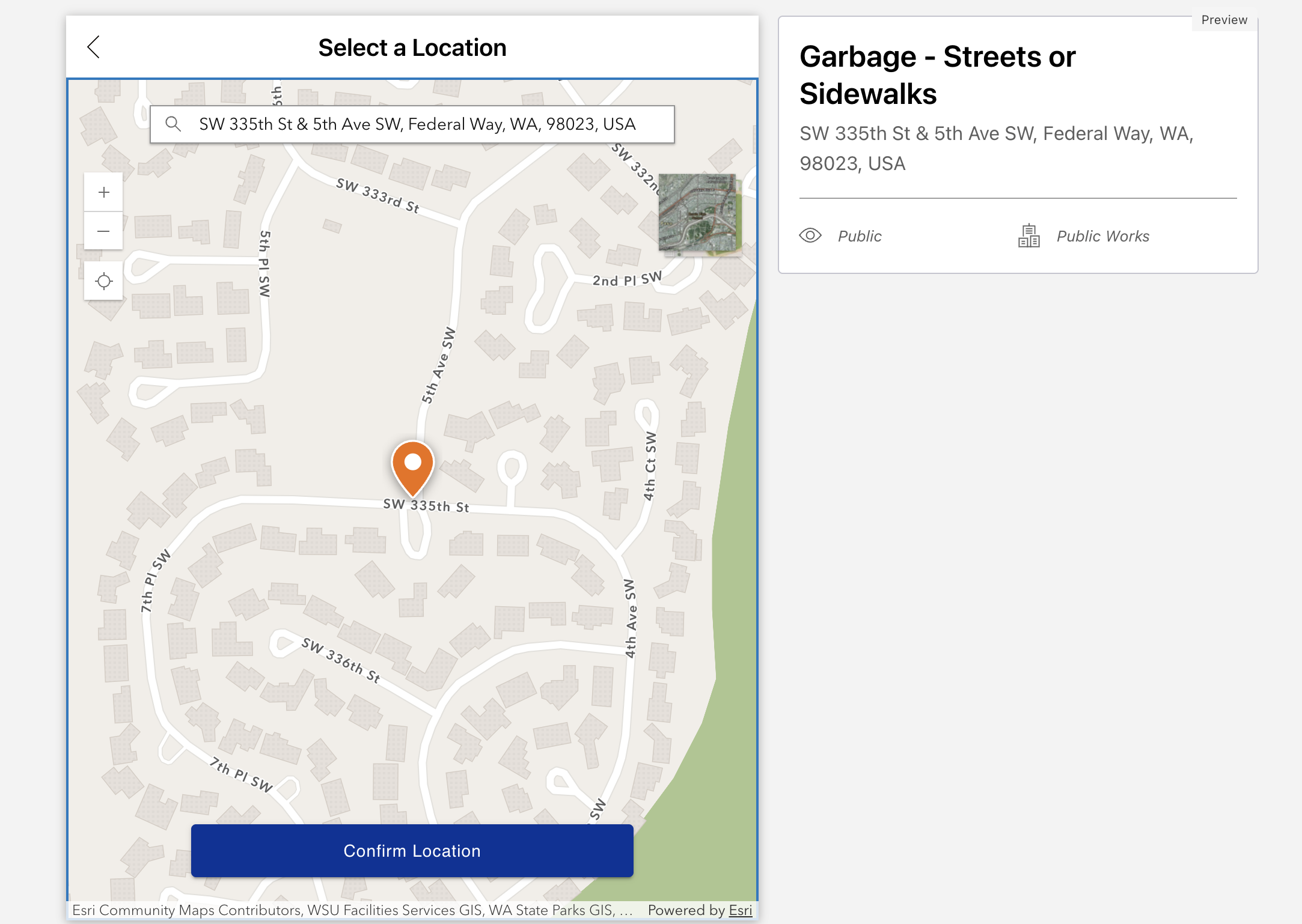 The Select a Location screen in Eyes on Federal Way, showing the orange map pin that you drag to the location of the issue before confirming
